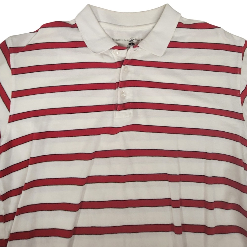 Beverly Hills Polo Club Mens Polo Shirt Red White Striped Cotton